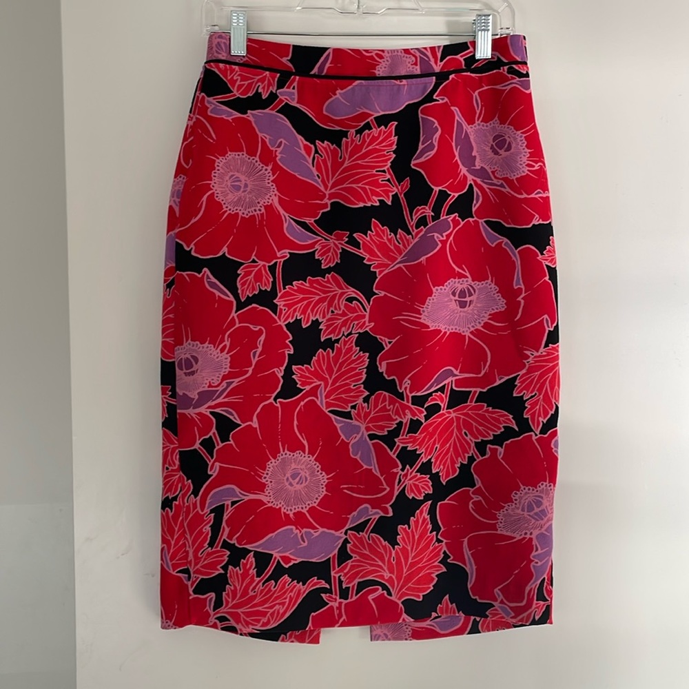 Red, purple, black, and pink floral pencil skirt